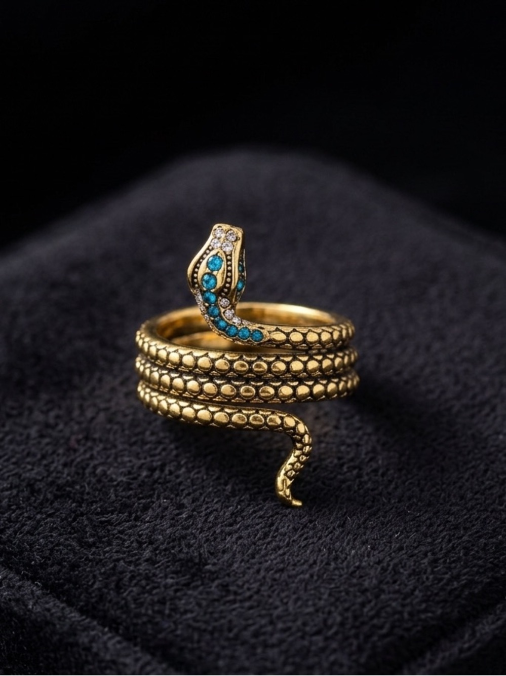 Gold Snake Wrap Ring with Blue Stone Eyes
